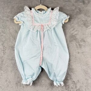 Bryan Blue Polka Dot Lace Trim Bubble Romper Outfit Baby 9-12 Months Vintage 90s